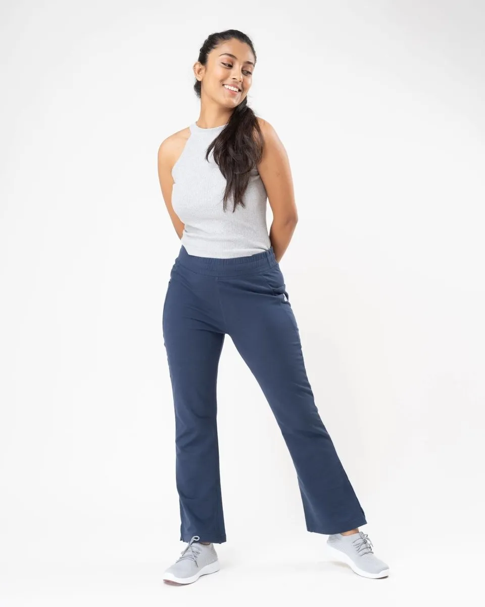 100% Organic Cotton Blue Flared Bottom Athleisure Pant For Women