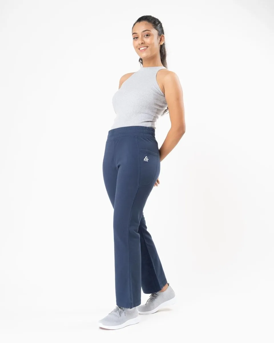 100% Organic Cotton Blue Flared Bottom Athleisure Pant For Women