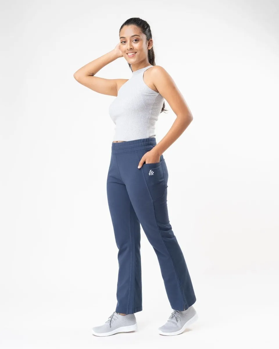 100% Organic Cotton Blue Flared Bottom Athleisure Pant For Women