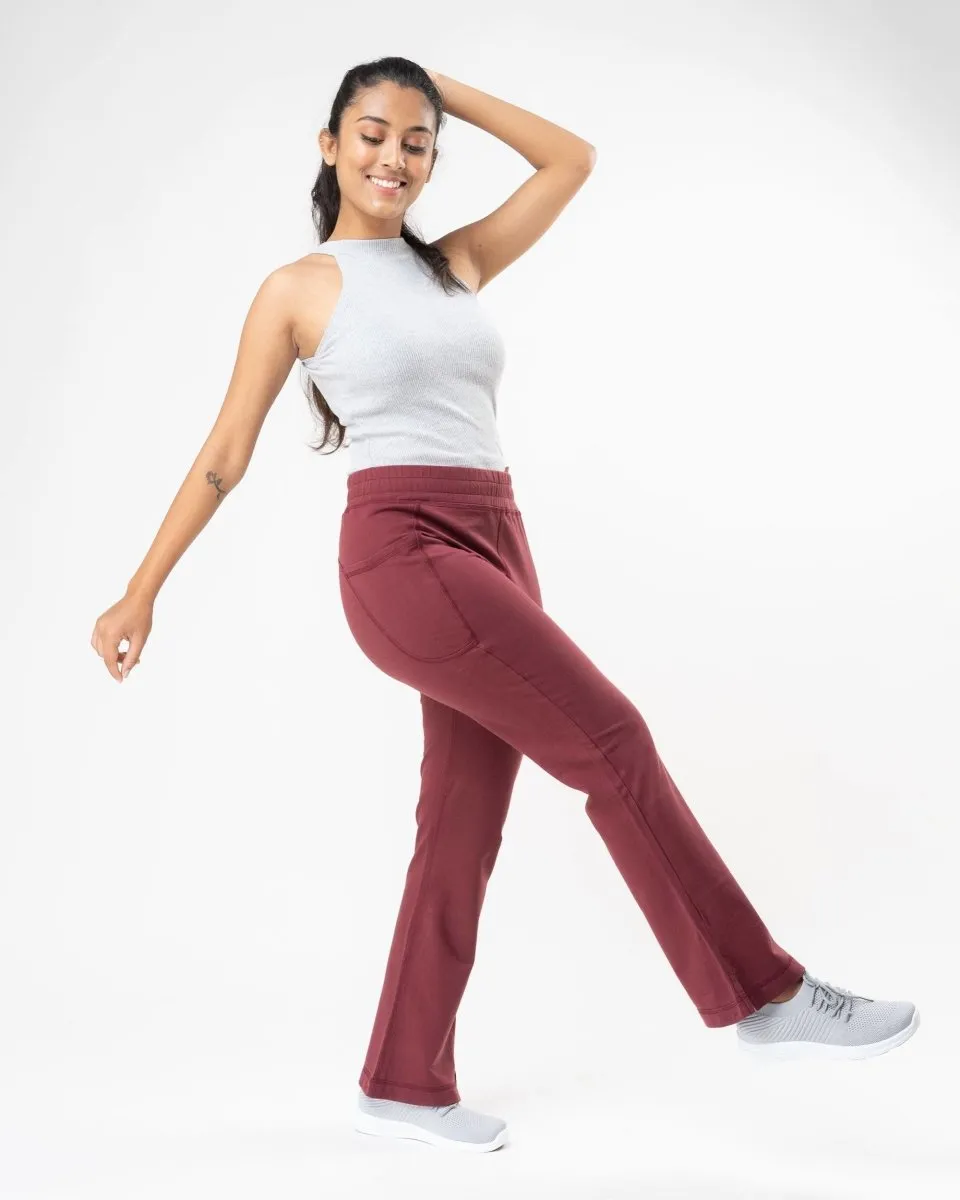 100% Organic Cotton Maroon Flared Bottom Athleisure Pant For Women