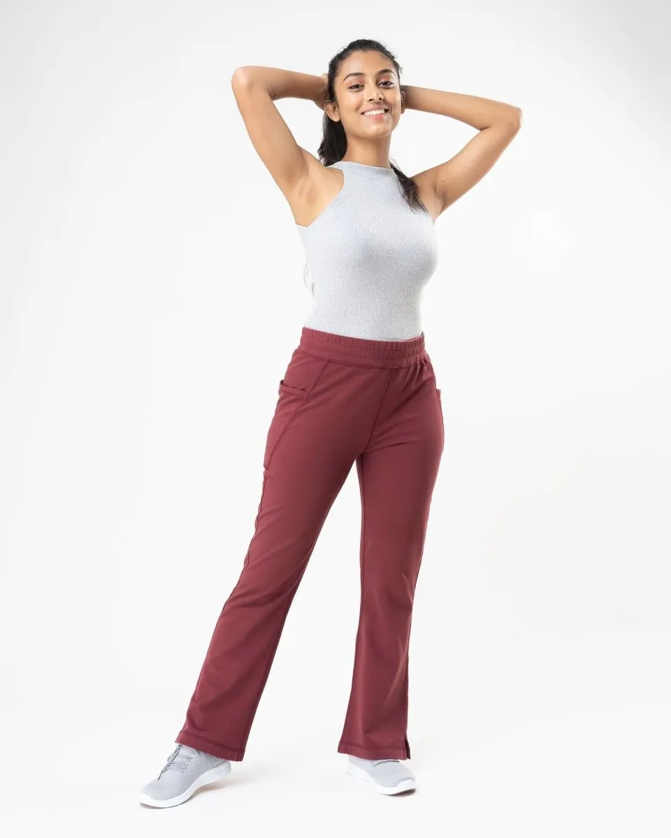 100% Organic Cotton Maroon Flared Bottom Athleisure Pant For Women