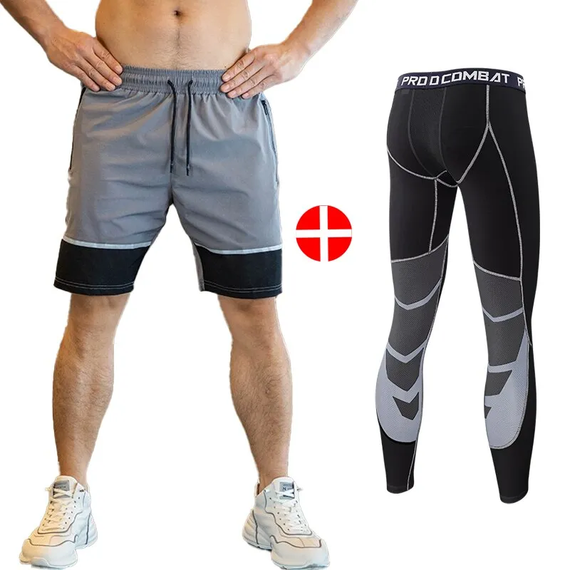 2pcs Set Men Running Compression Sweatpants Gym Jogging Leggings Basketball Football Shorts Fitness Clothes Tight Sport Pants v2