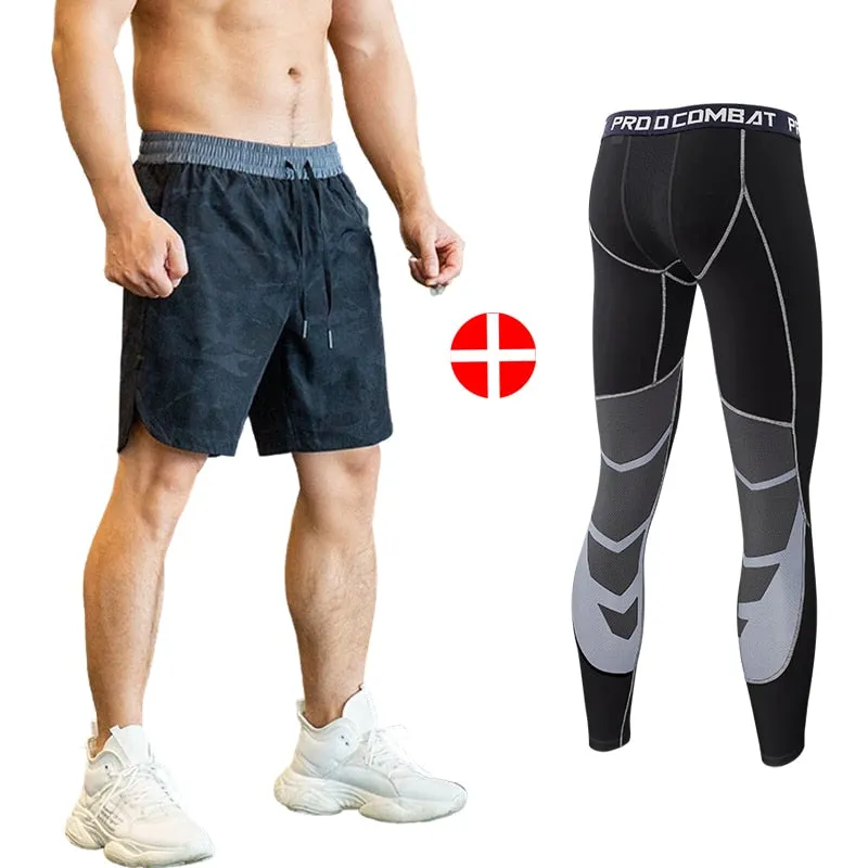 2pcs Set Men Running Compression Sweatpants Gym Jogging Leggings Basketball Football Shorts Fitness Clothes Tight Sport Pants v2