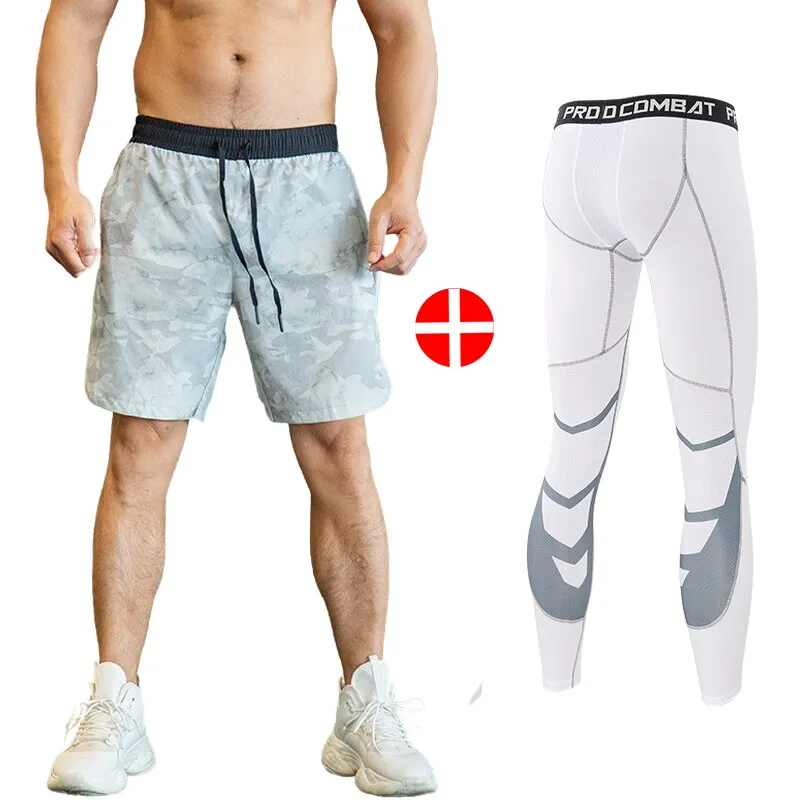 2pcs Set Men Running Compression Sweatpants Gym Jogging Leggings Basketball Football Shorts Fitness Clothes Tight Sport Pants v2