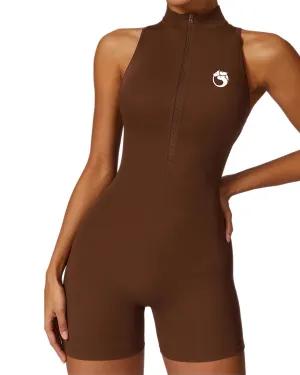 Activewear Bodysuit with Zipper - Brown