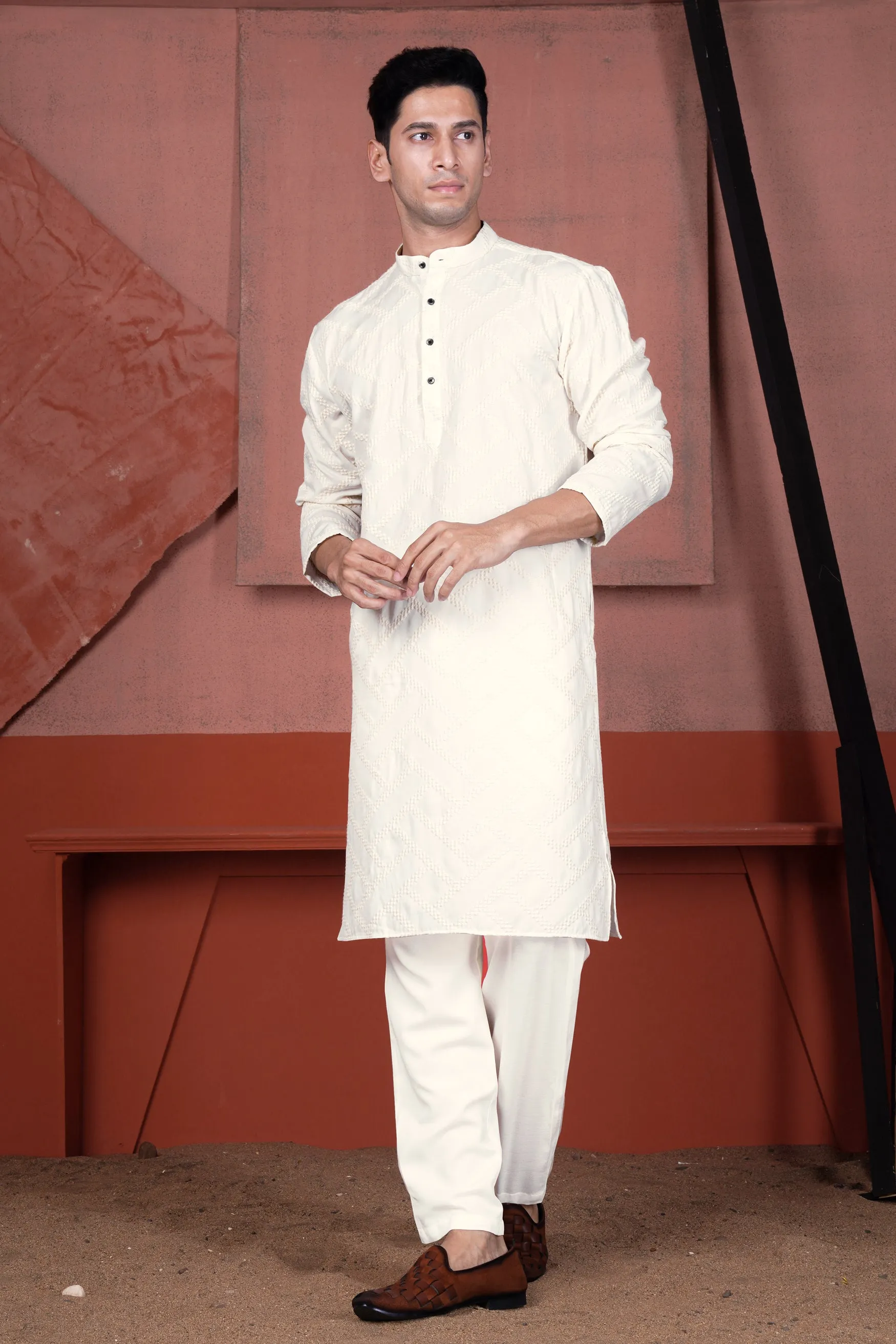 Albescent Cream Viscose Embroidered Designer Kurta Set