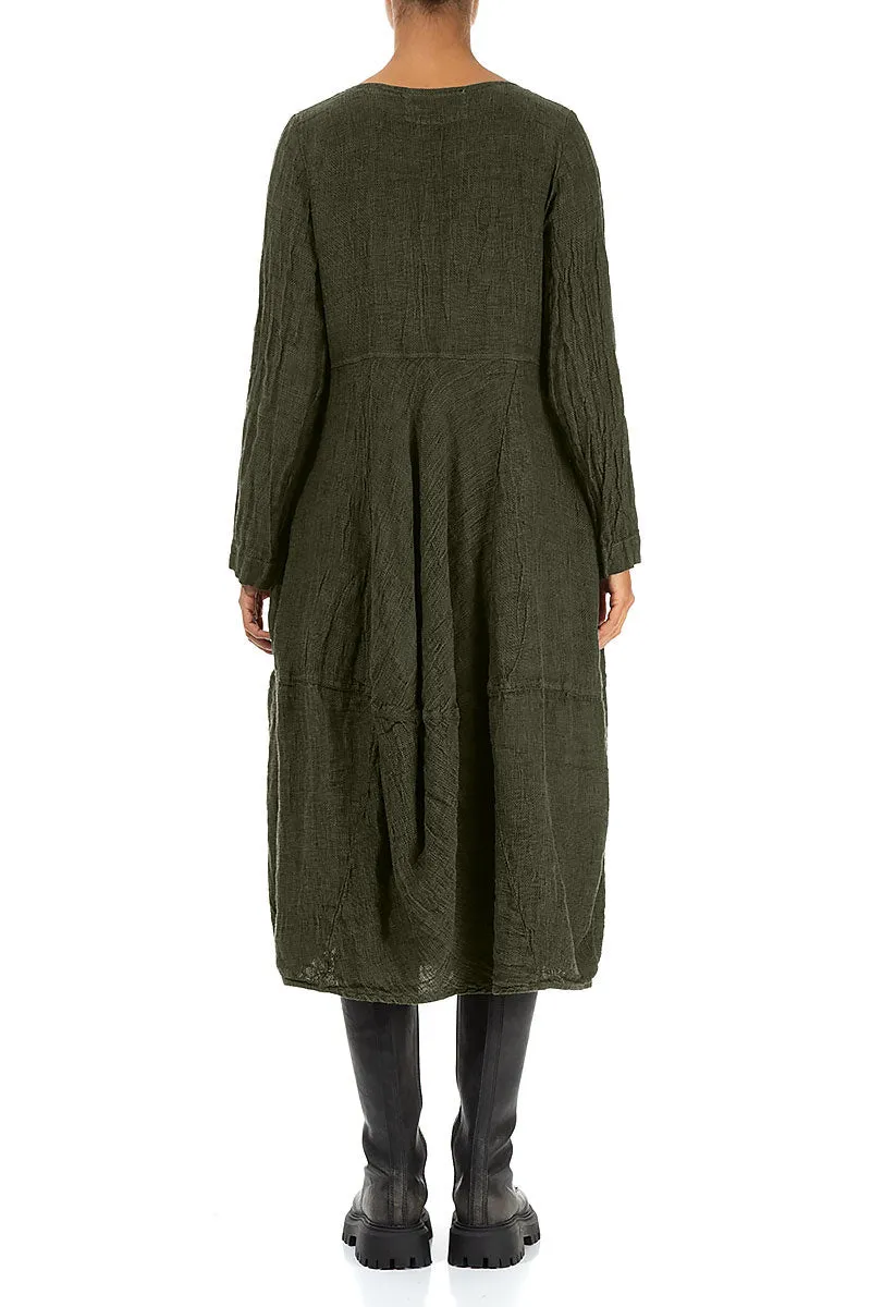 Balloon Long Sleeves Olive Mélange Linen Dress