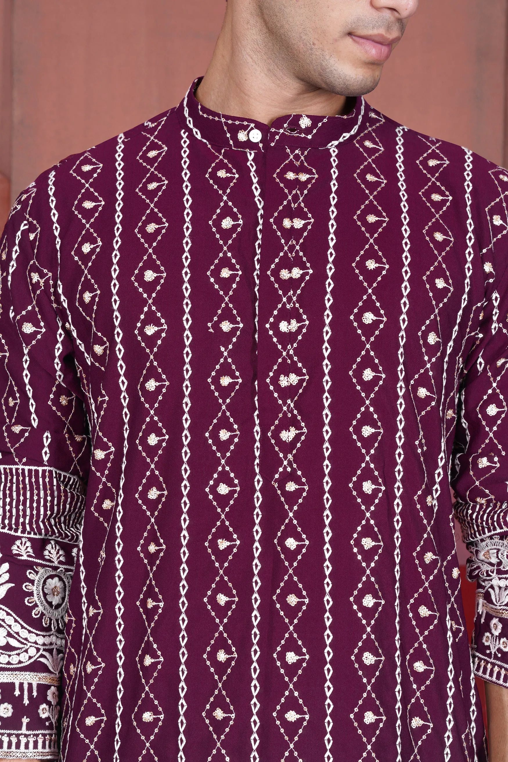 Barossa Purple and Bright White Embroidered Viscose Designer Kurta Set