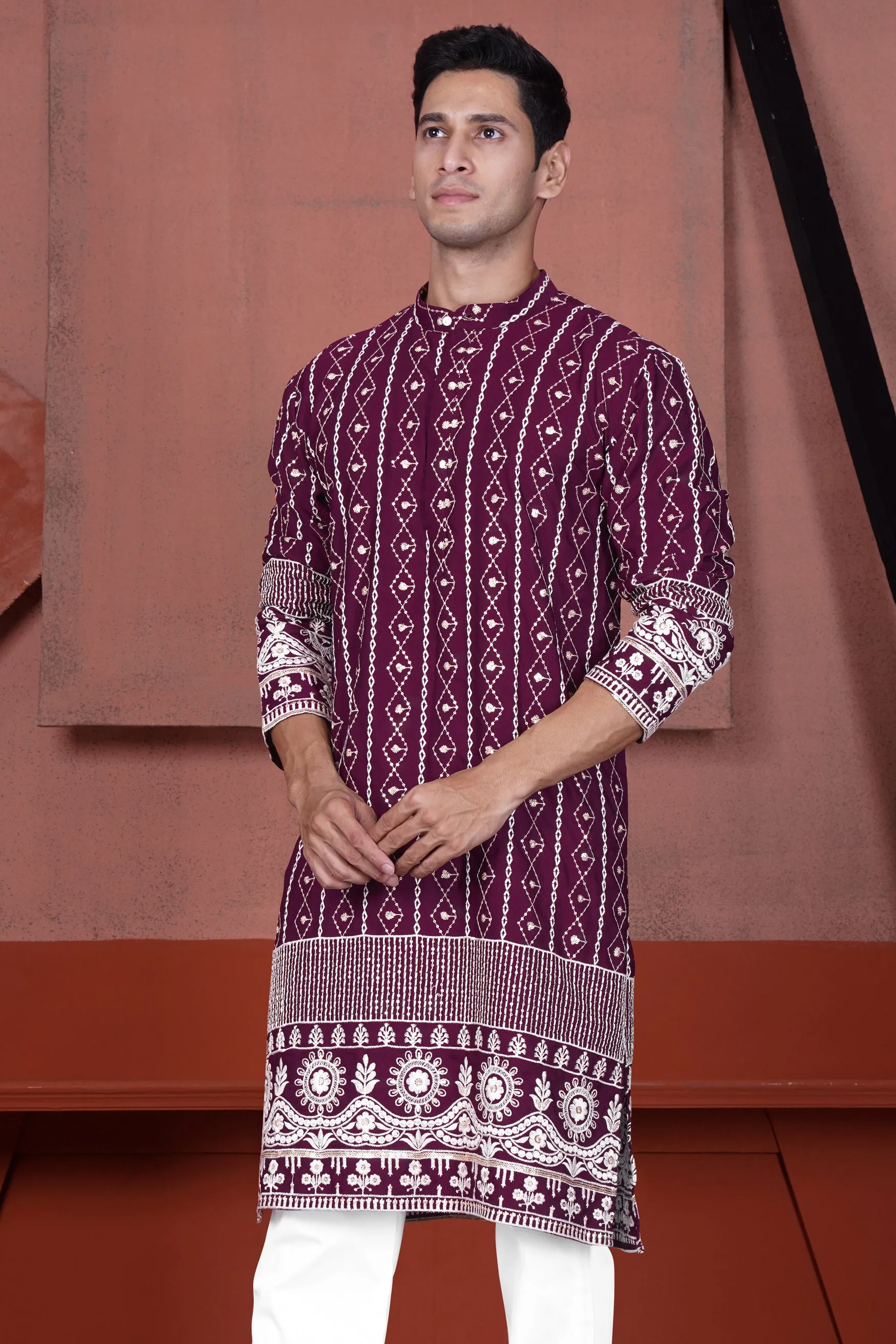 Barossa Purple and Bright White Embroidered Viscose Designer Kurta Set