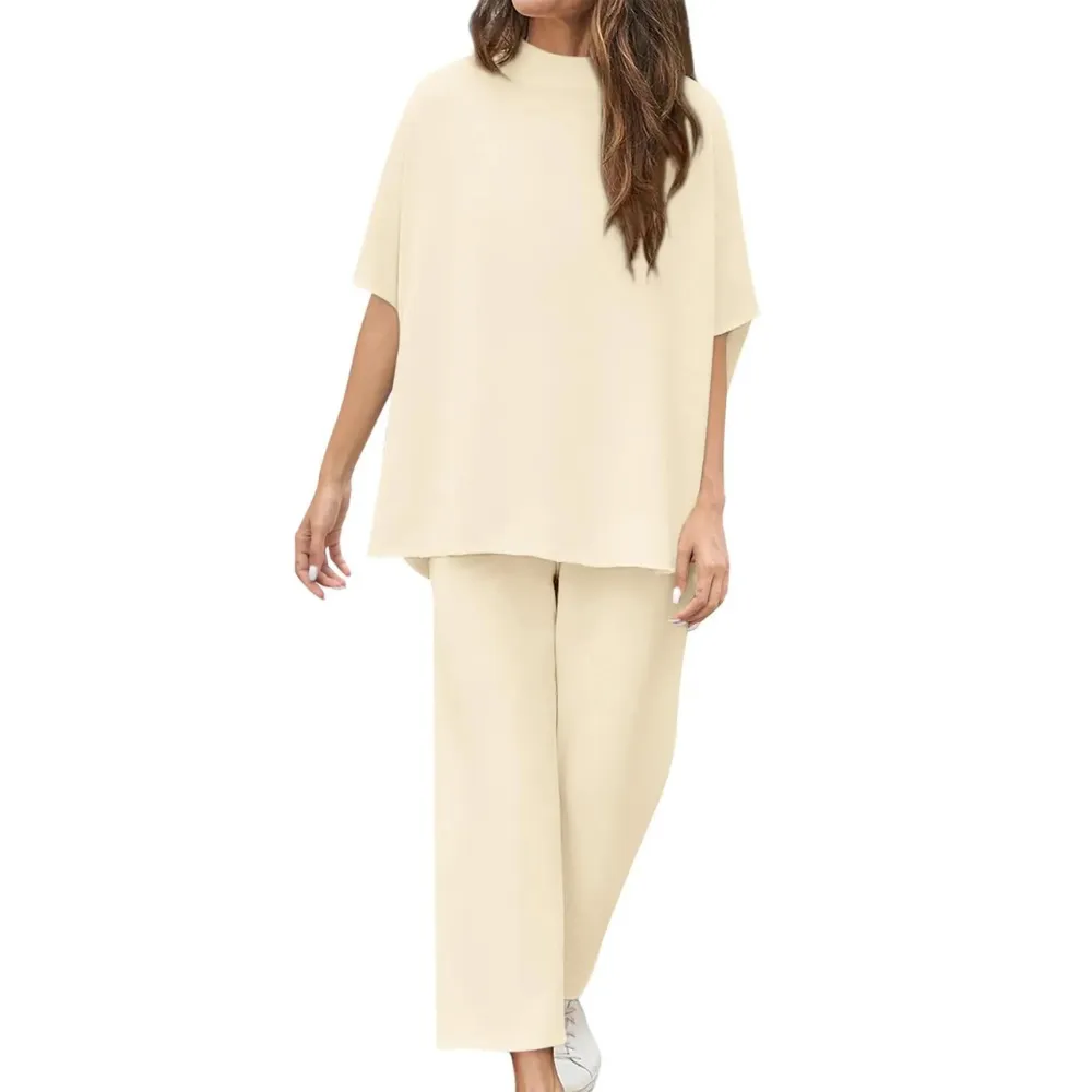 Batwing Sleeve And Wide Length Trousers Set