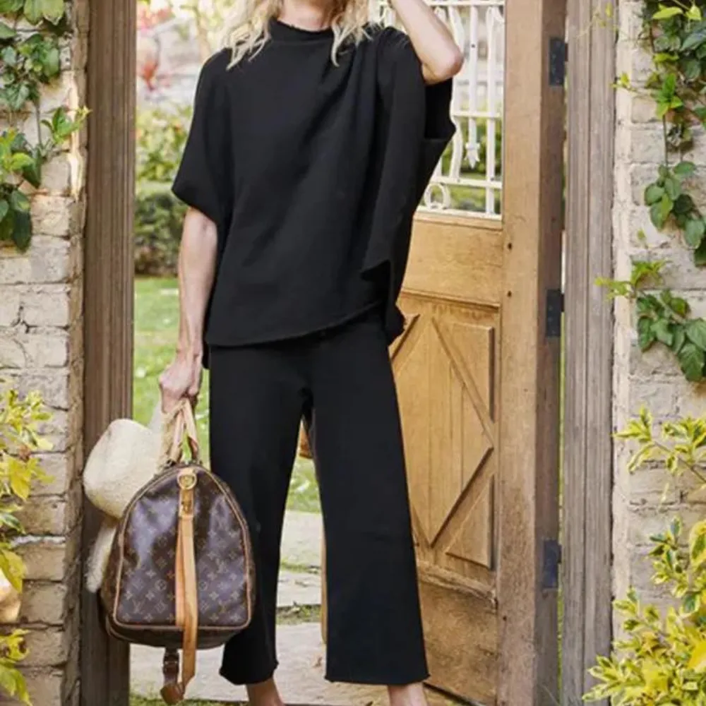 Batwing Sleeve And Wide Length Trousers Set