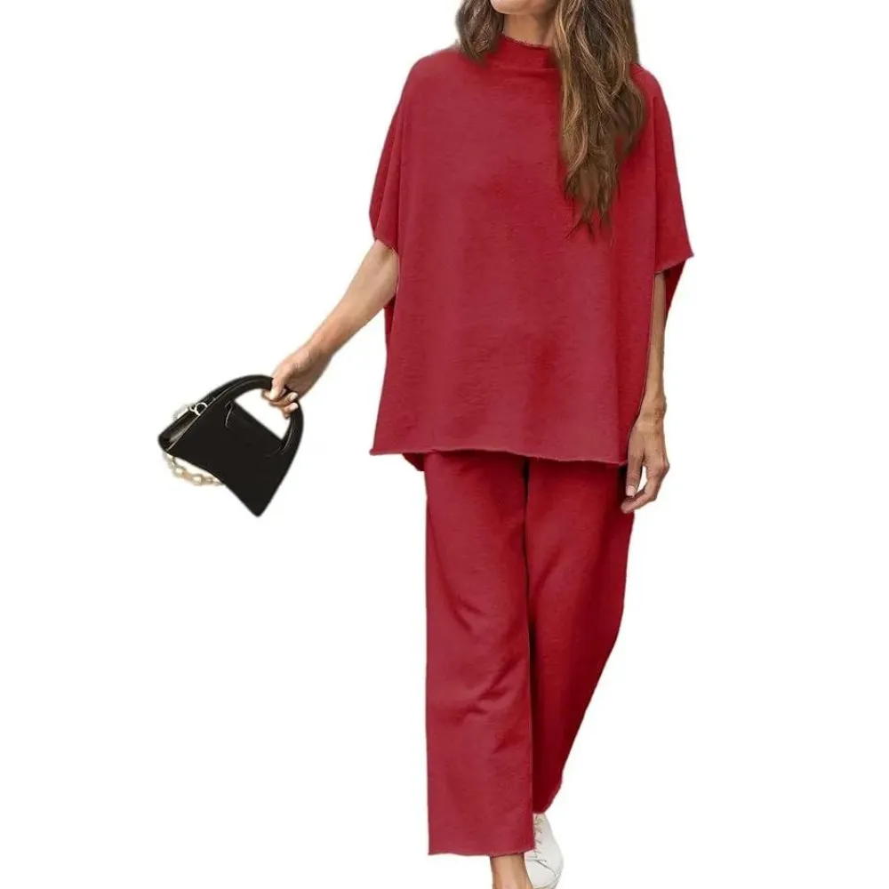 Batwing Sleeve And Wide Length Trousers Set