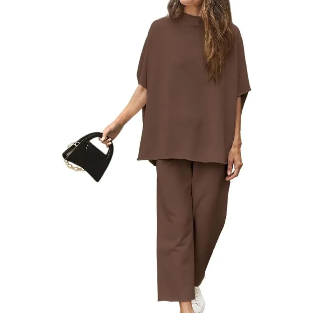 Batwing Sleeve And Wide Length Trousers Set