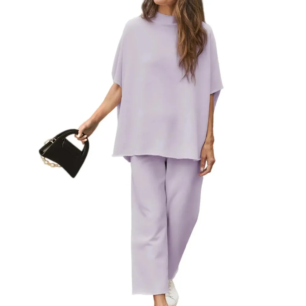 Batwing Sleeve And Wide Length Trousers Set