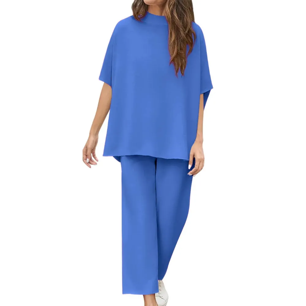 Batwing Sleeve And Wide Length Trousers Set