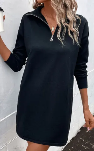 Black 1/4 Zipper Collared Neck Sweater Mini Dress