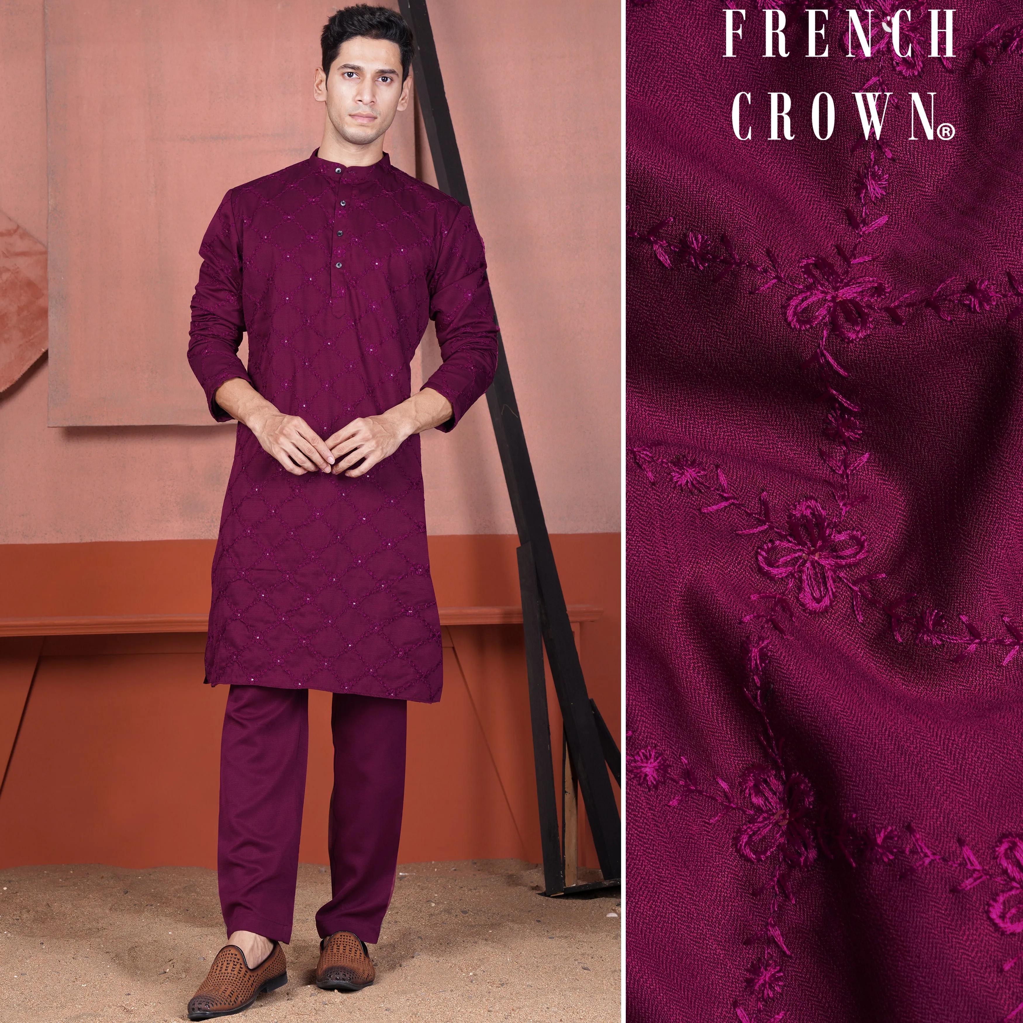 Bordeaux Wine Viscose Embroidered With Tikki Work Designer Kurta Set