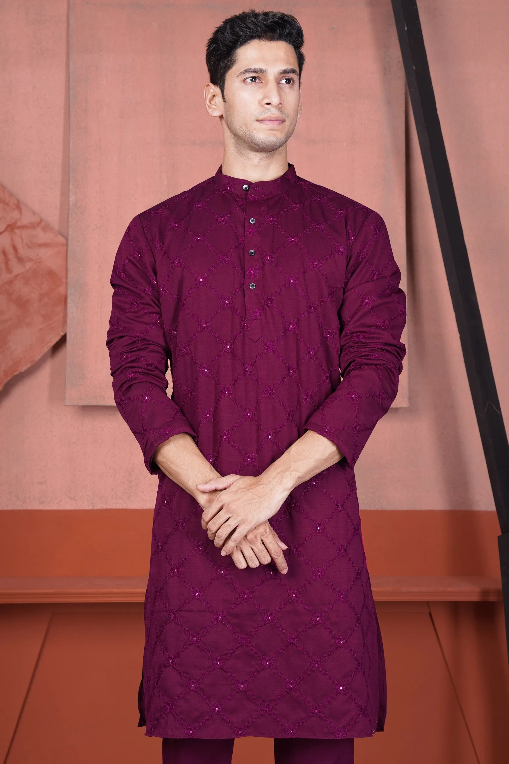 Bordeaux Wine Viscose Embroidered With Tikki Work Designer Kurta Set