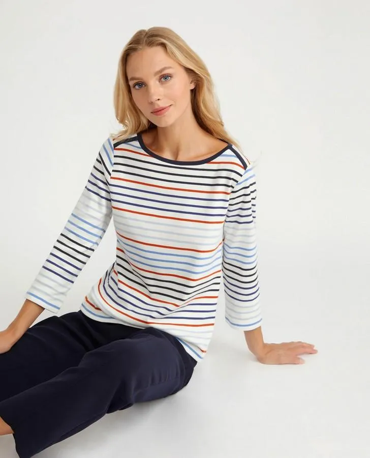 Burnt Orange and Blue Slash Neck Striped Top