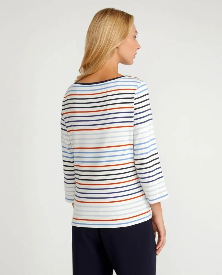 Burnt Orange and Blue Slash Neck Striped Top