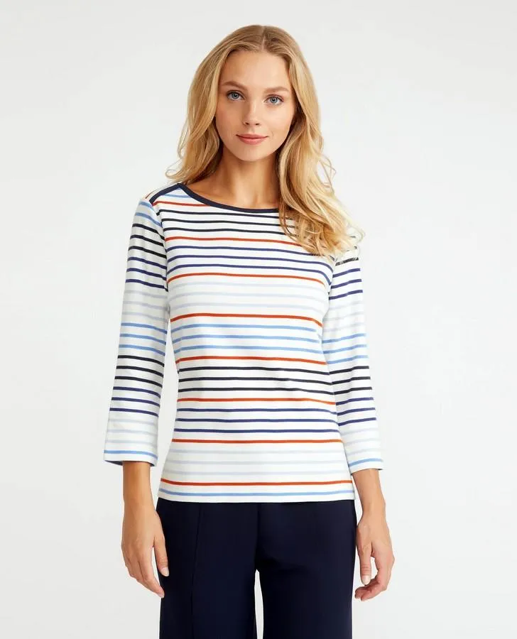 Burnt Orange and Blue Slash Neck Striped Top