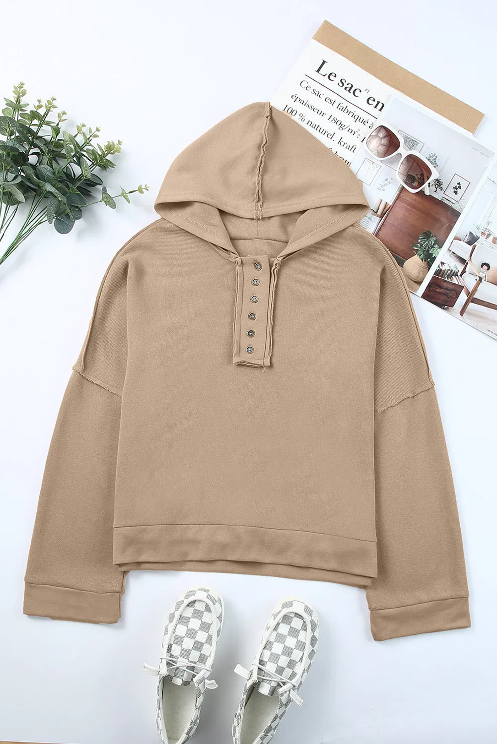 Casual Button Solid Patchwork Trim Hoodie