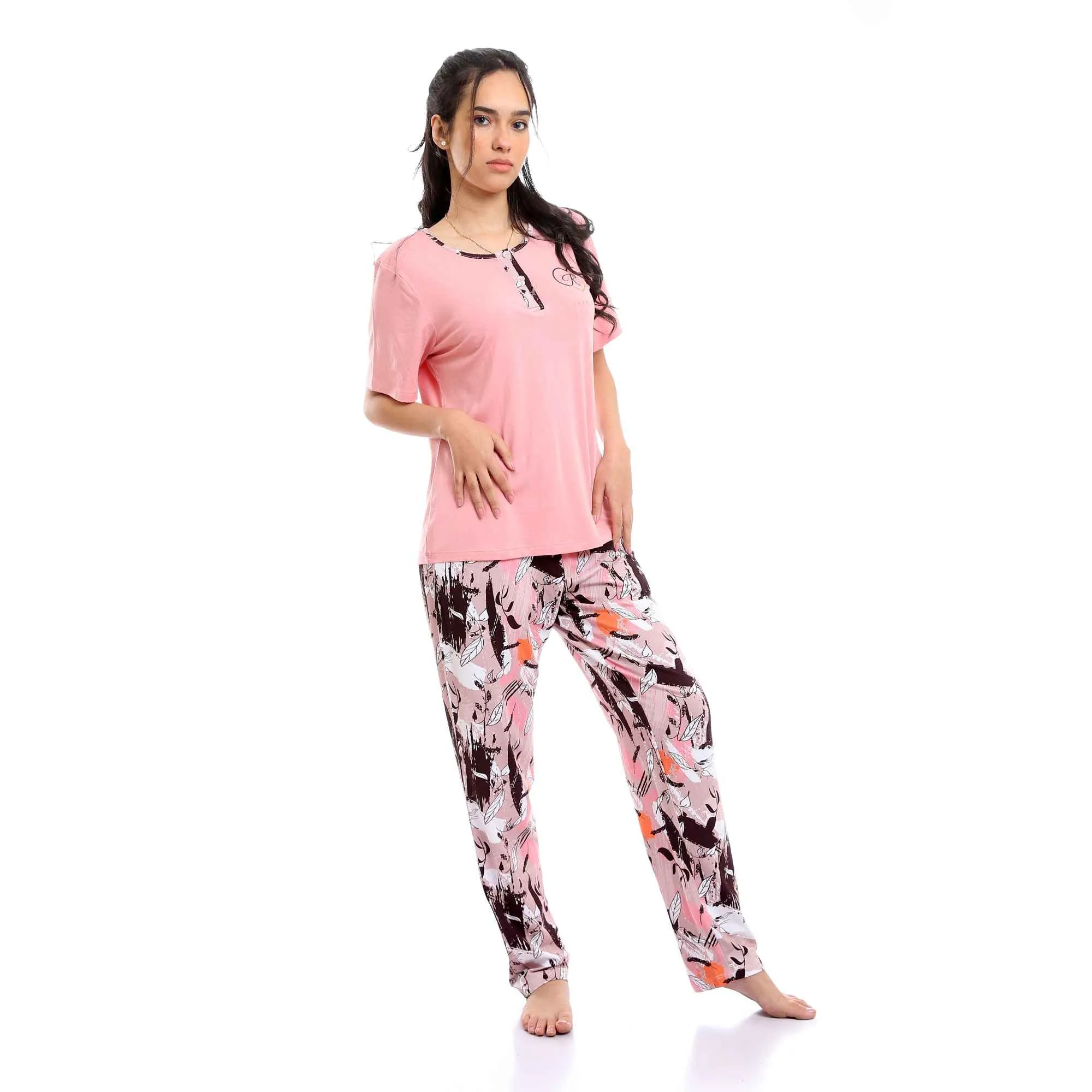 Cotton Tee & Patterned Pants Pajama Set for Women - Pink & White