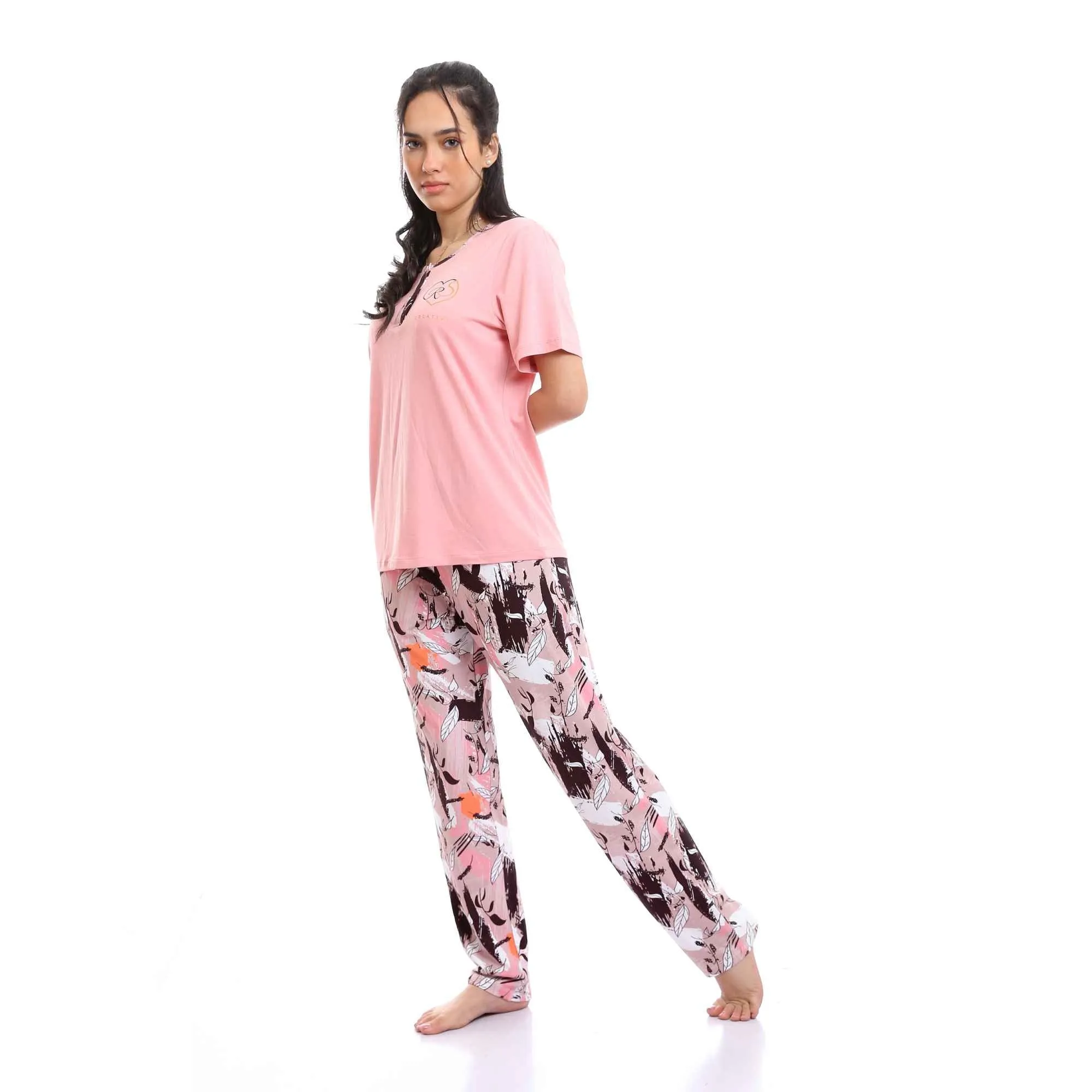 Cotton Tee & Patterned Pants Pajama Set for Women - Pink & White