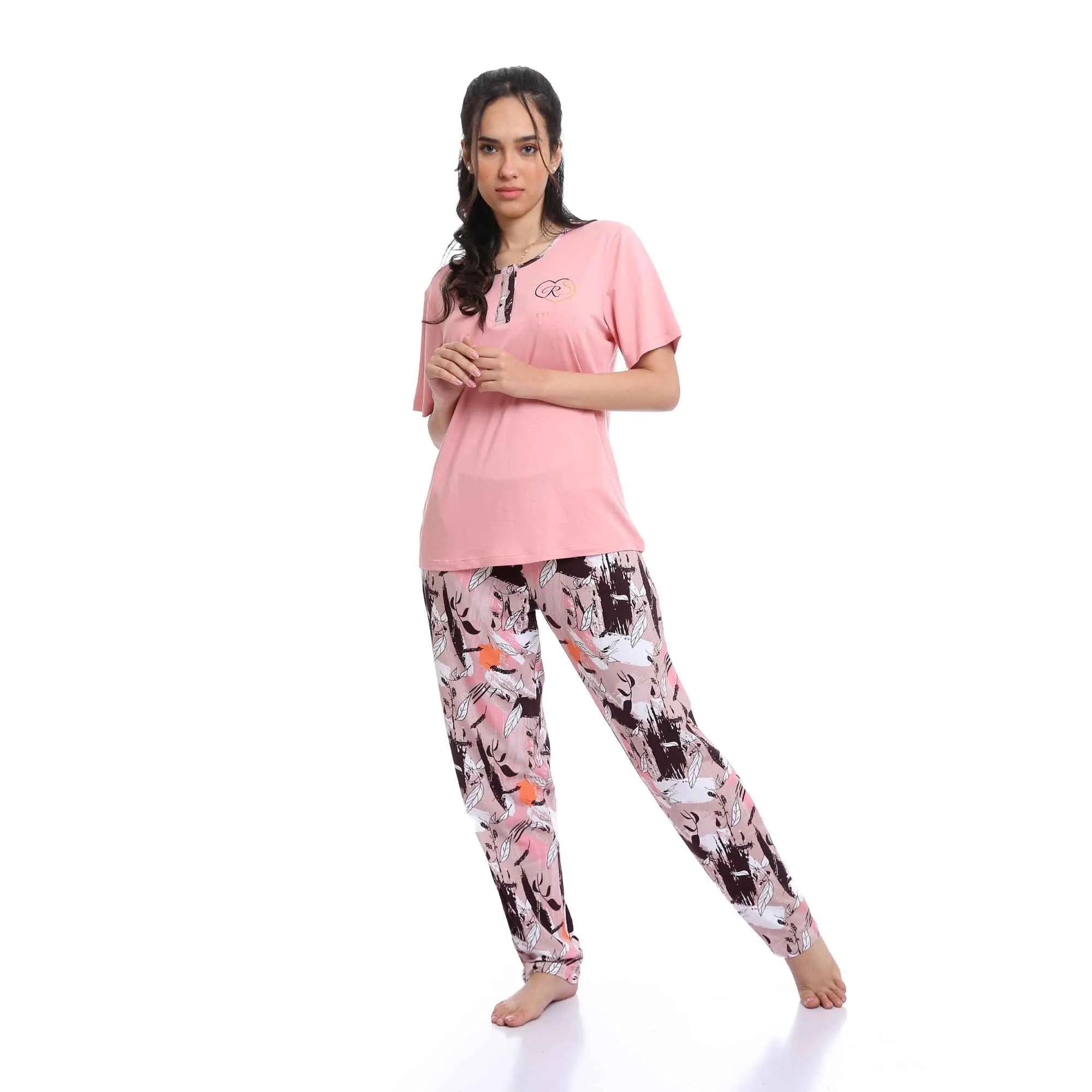 Cotton Tee & Patterned Pants Pajama Set for Women - Pink & White