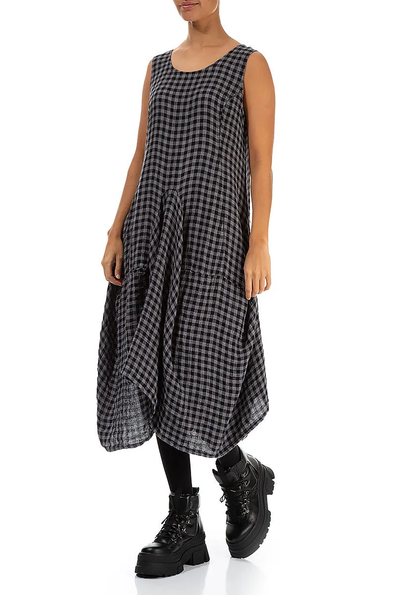 Draped Grey Check Linen Dress