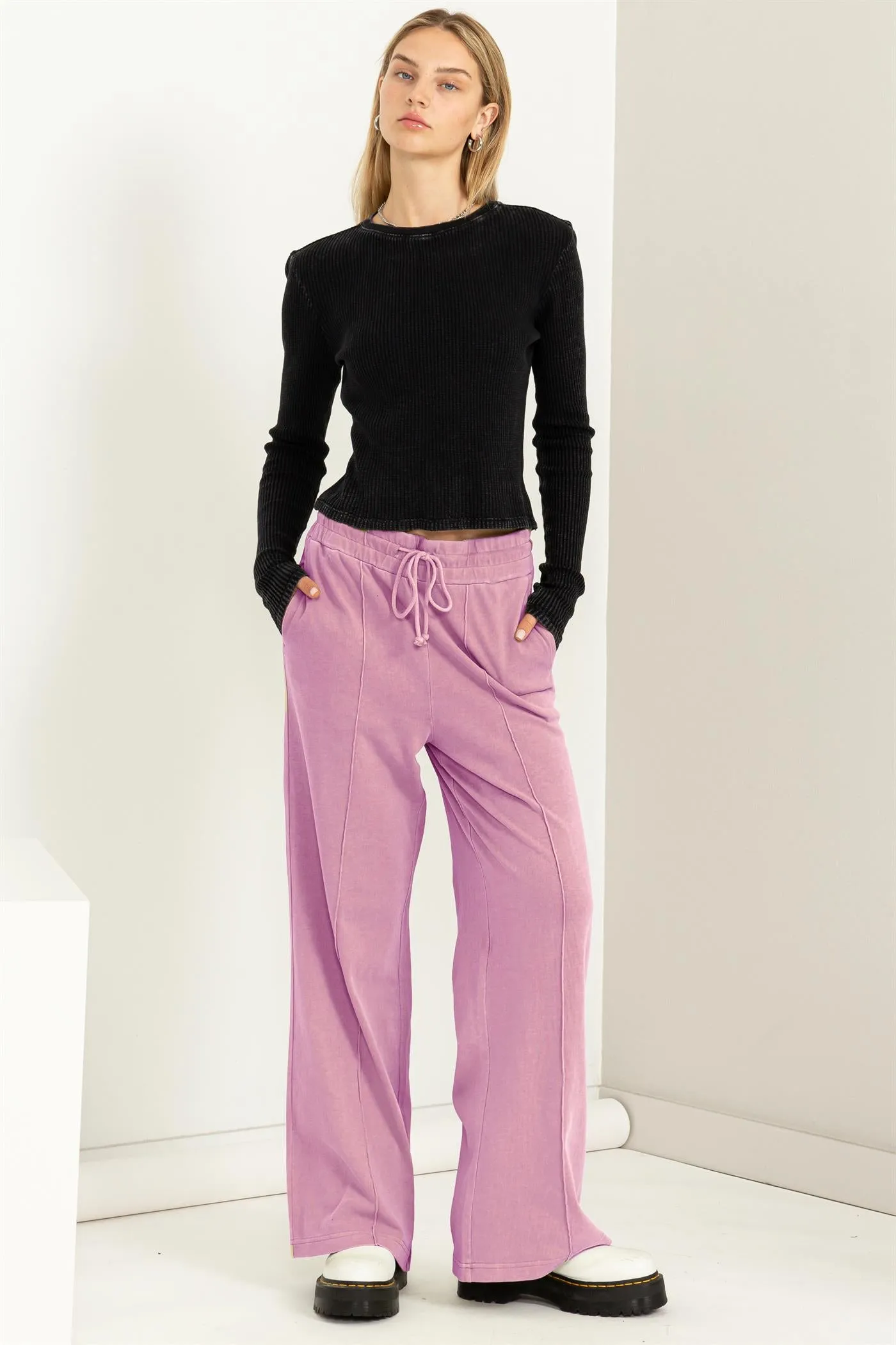 DZ23G455-HIGH WAIST DRAWSTRING WIDE LEG PANTS