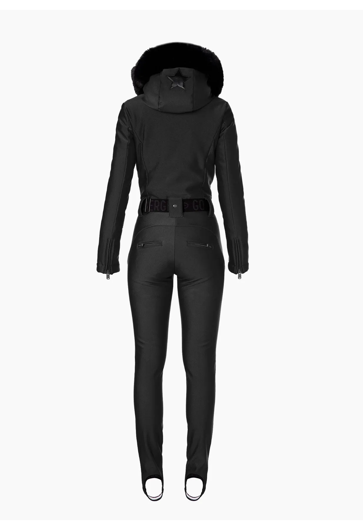 Goldbergh Glisser One Piece Ski Suit in Black with Faux Fur Hood