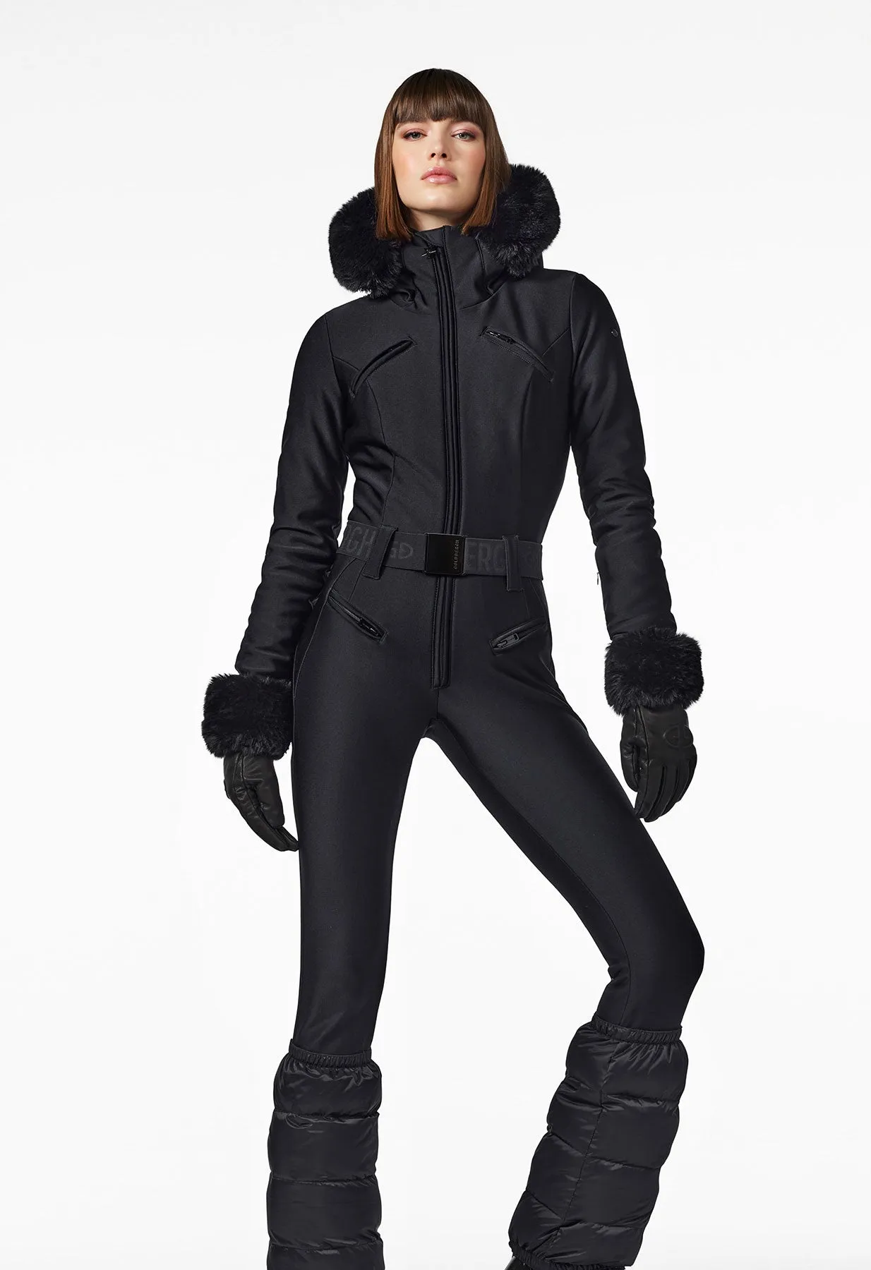 Goldbergh Glisser One Piece Ski Suit in Black with Faux Fur Hood