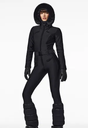 Goldbergh Glisser One Piece Ski Suit in Black with Faux Fur Hood