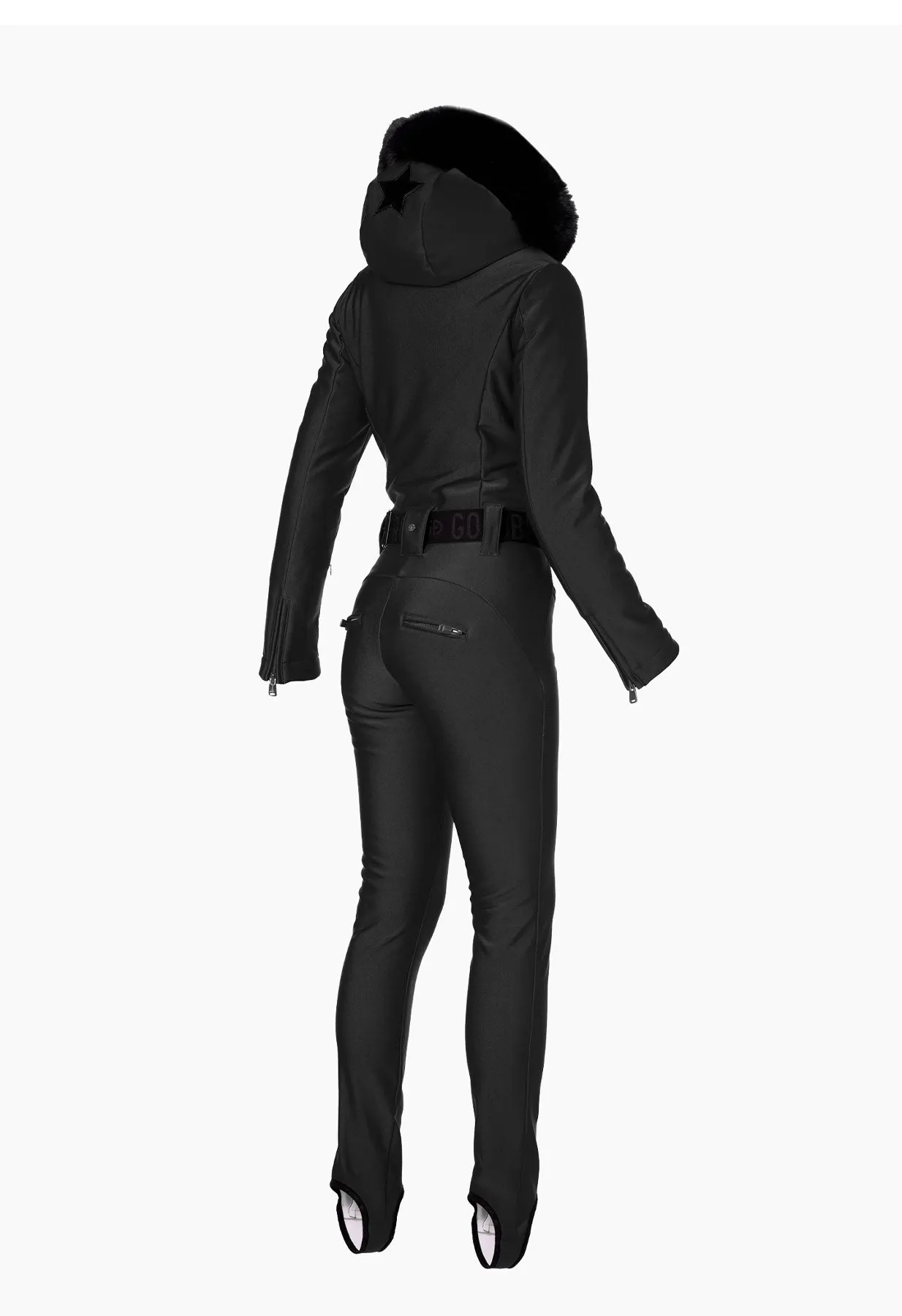 Goldbergh Glisser One Piece Ski Suit in Black with Faux Fur Hood