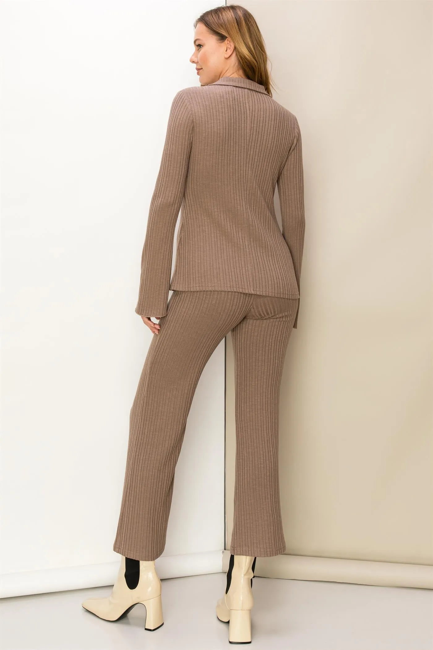 HF23G512-SET-RIBBED KNIT TOP AND FLARE PANTS SET