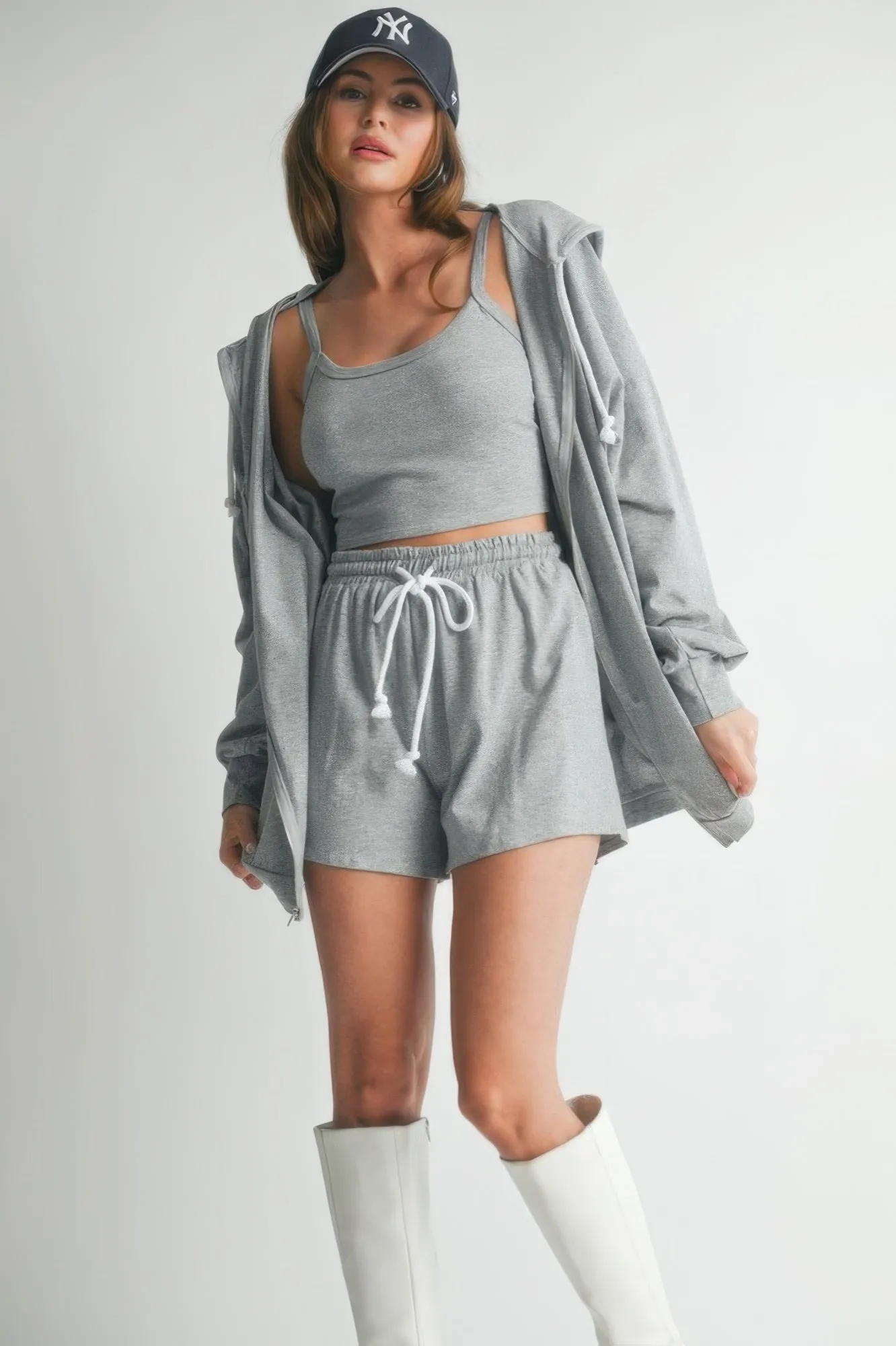 Hot Girl Chill Mode Three Piece Cotton Lounge Set In Grey