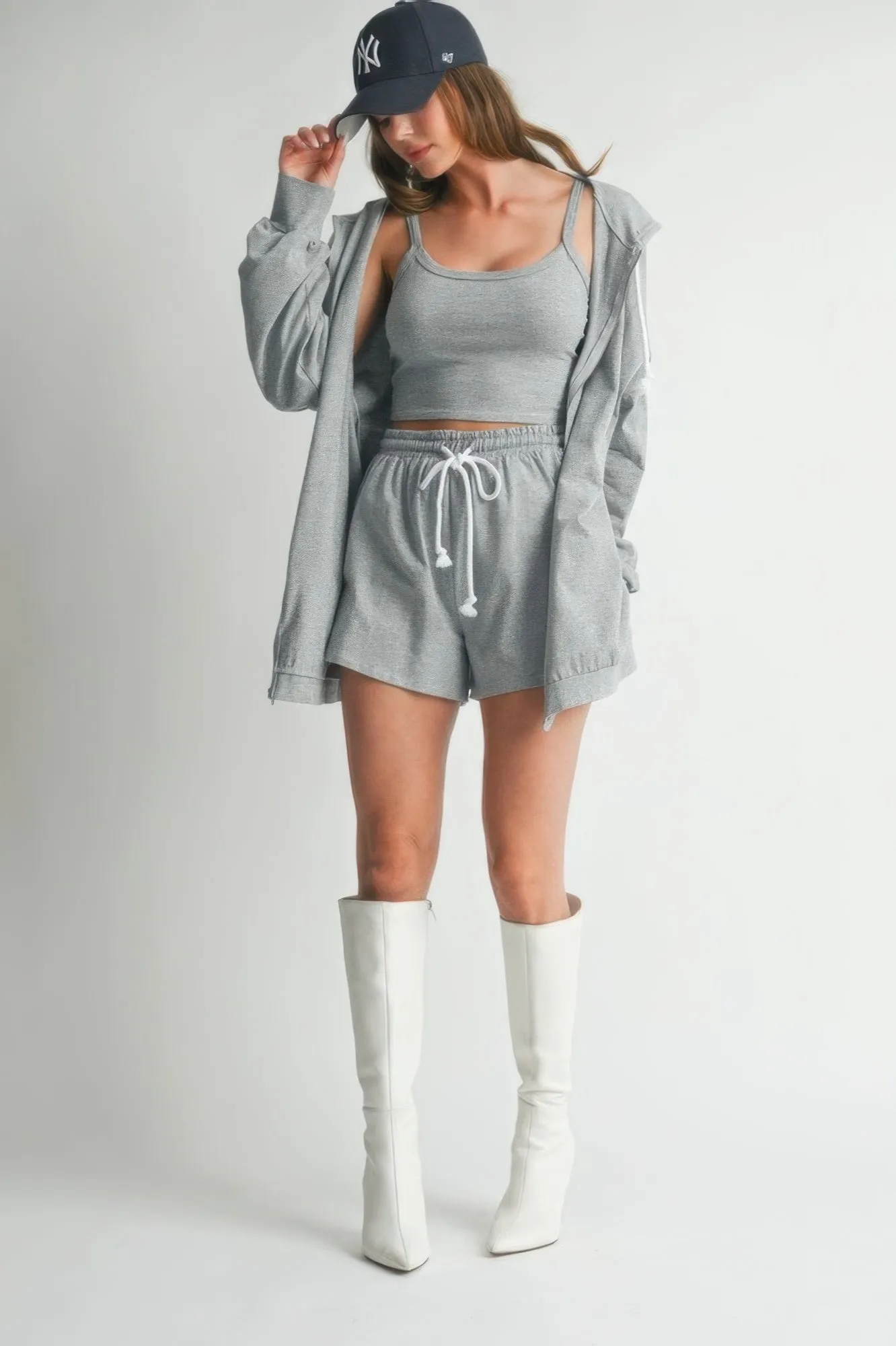 Hot Girl Chill Mode Three Piece Cotton Lounge Set In Grey