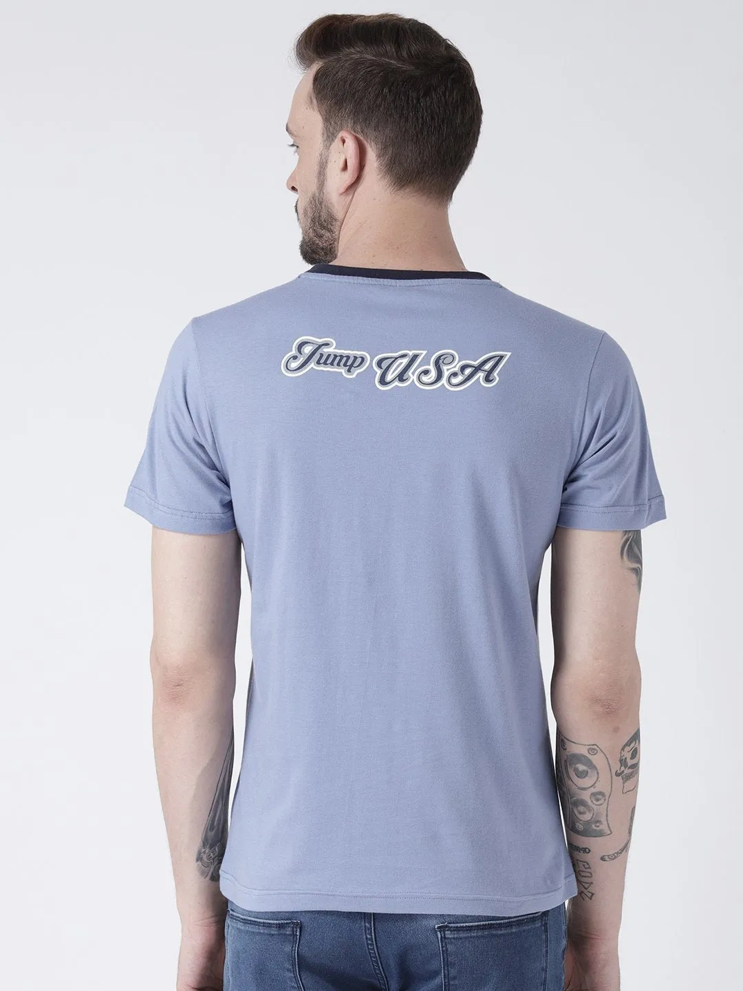 Men Blue Solid Round Neck T-shirt