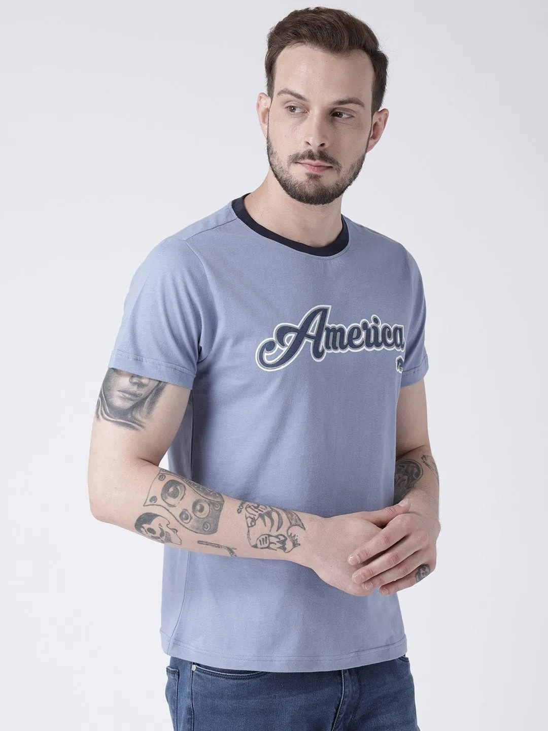 Men Blue Solid Round Neck T-shirt