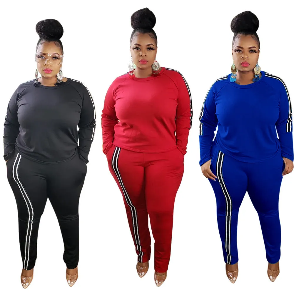 Plus Size Women Side Stripe Two Piece Set