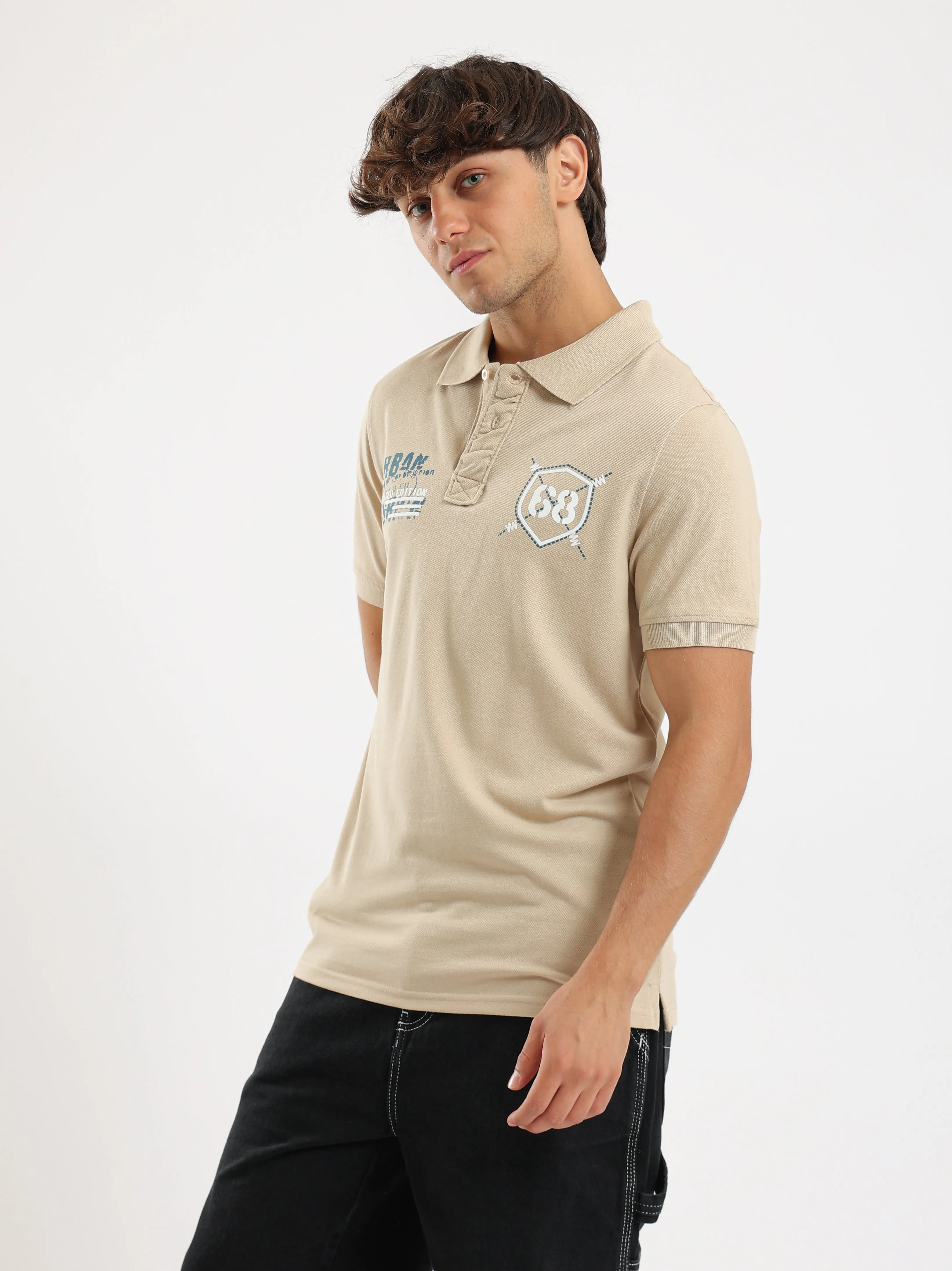 Printed Polo T-Shirt - Biege