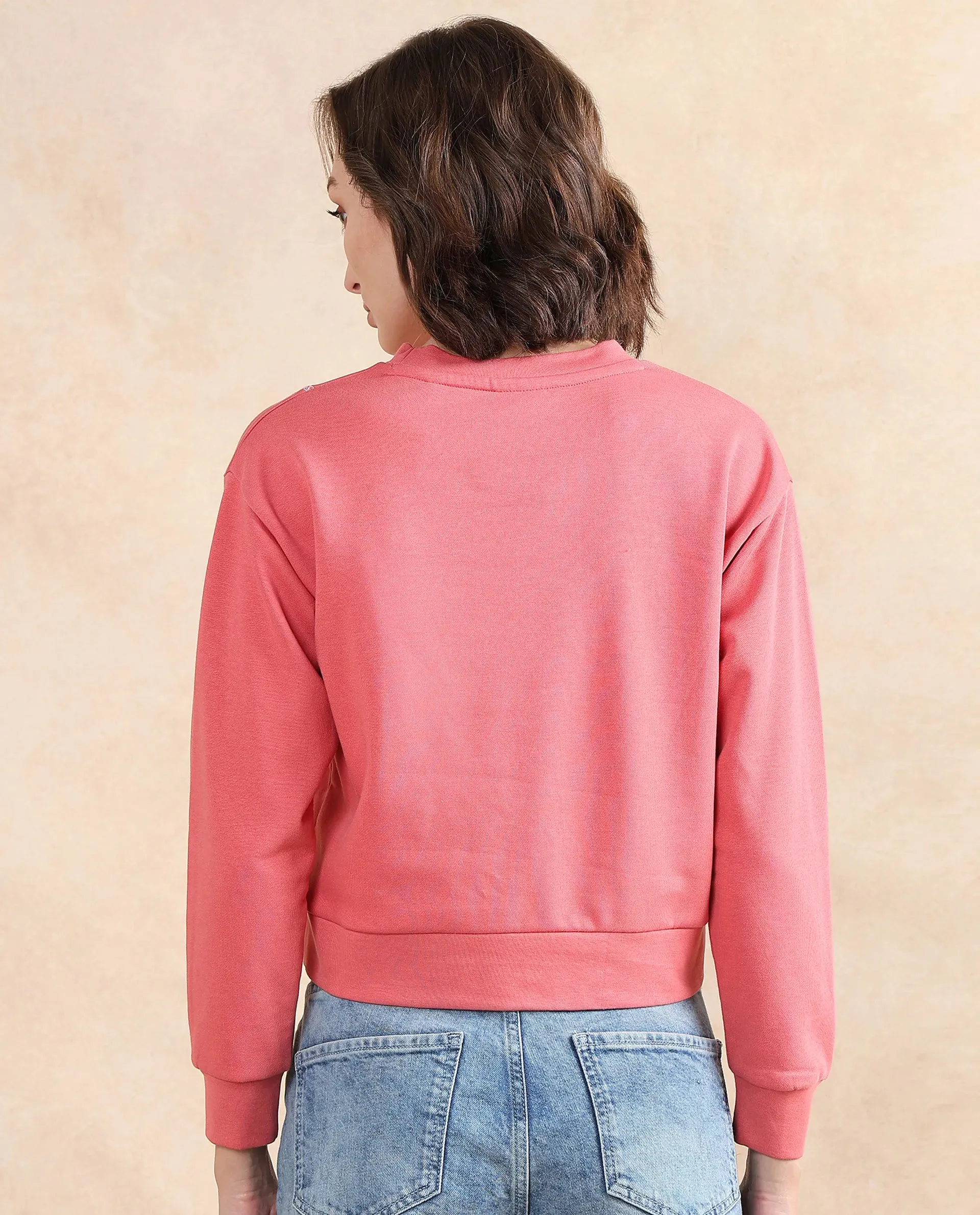 Rareism Women Moye Pastel Red Cotton Blend Fabric Full Sleeve Crew Neck Relaxed Fit Plain Sweatshirt