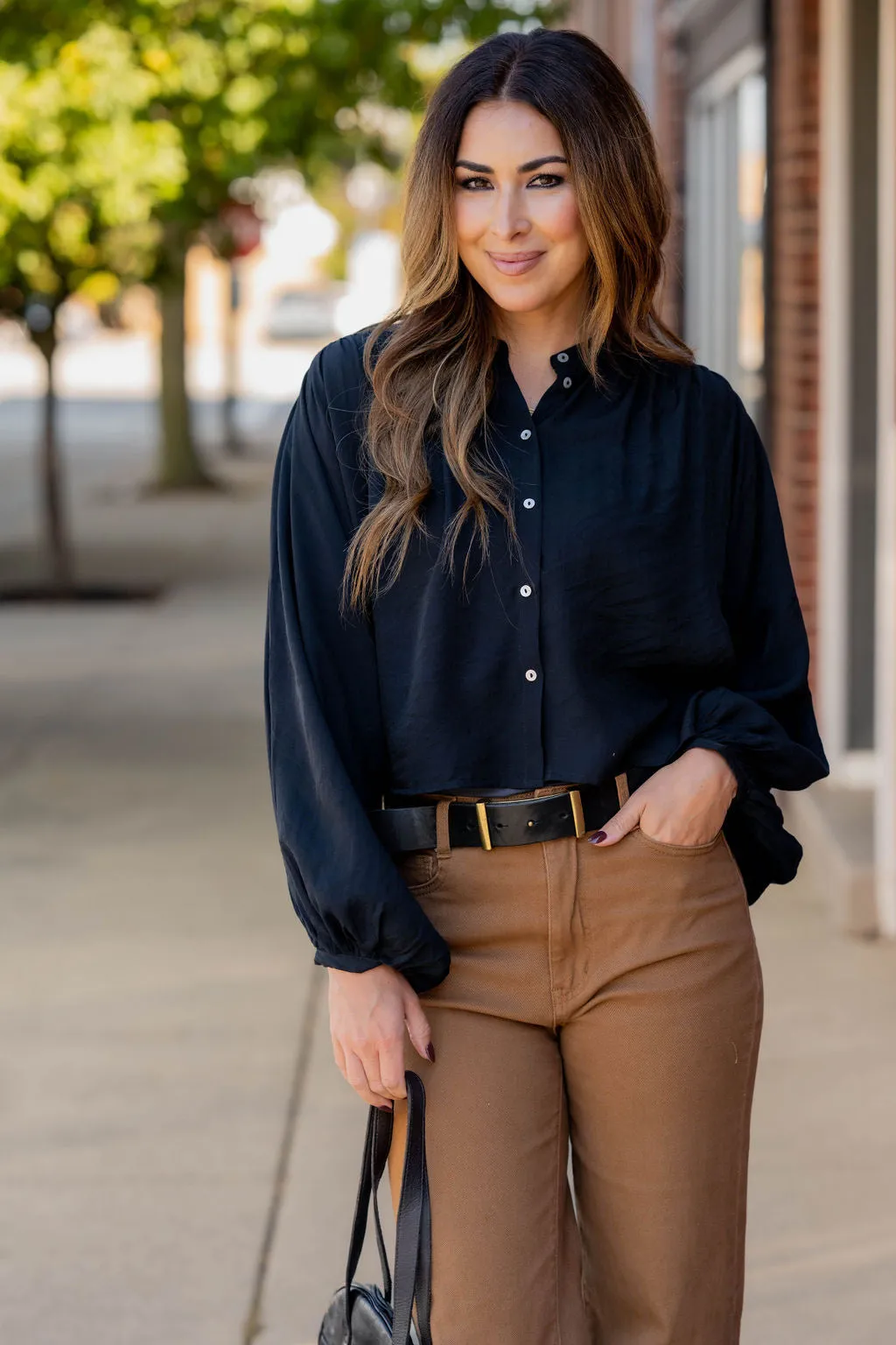 Relaxed Cinched Sleeve Button Up Blouse