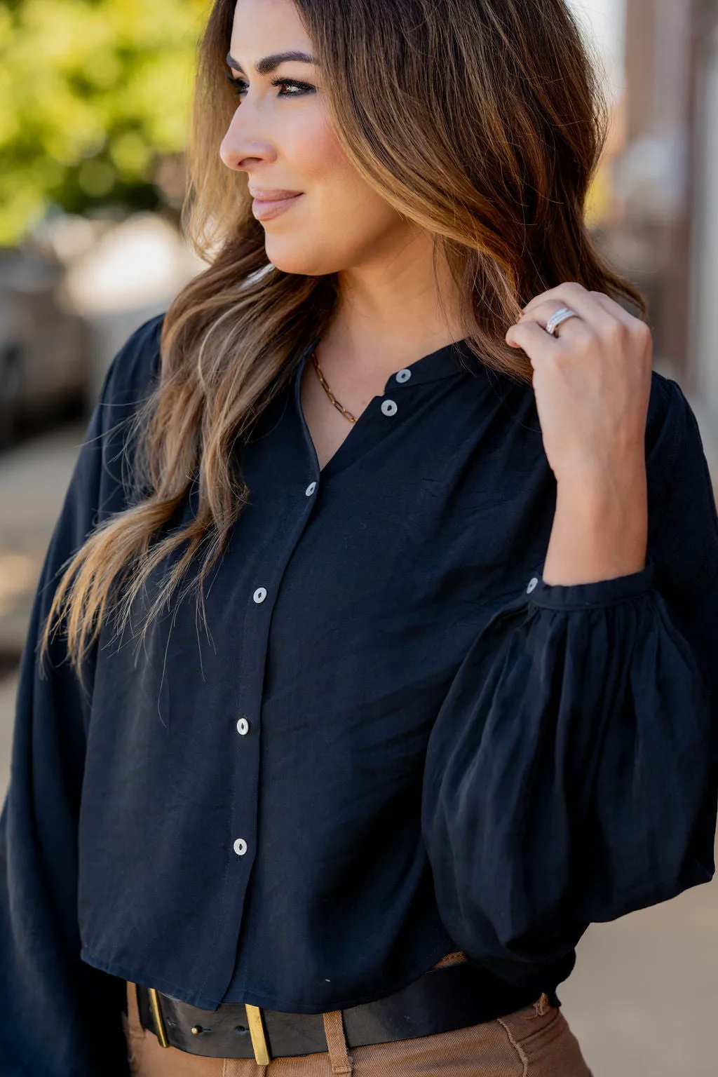 Relaxed Cinched Sleeve Button Up Blouse