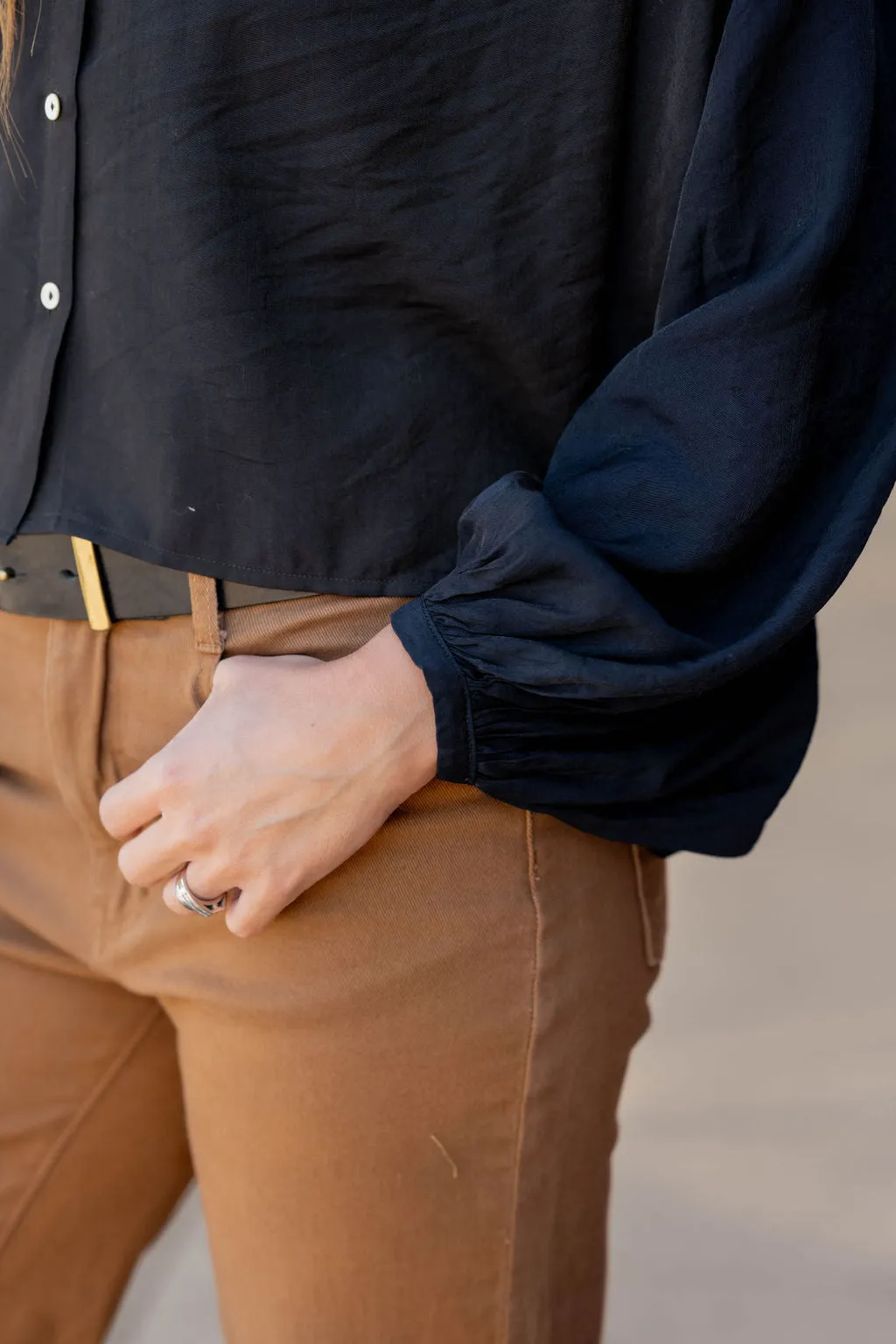 Relaxed Cinched Sleeve Button Up Blouse