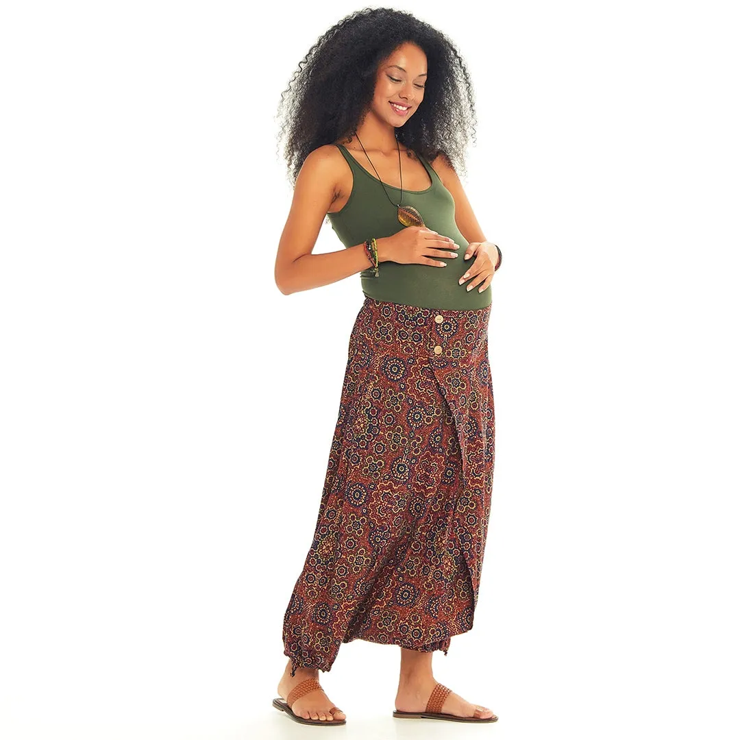 Retro Print ElasticWaist Wrap Front Detail Harem Winter Maternity Pant