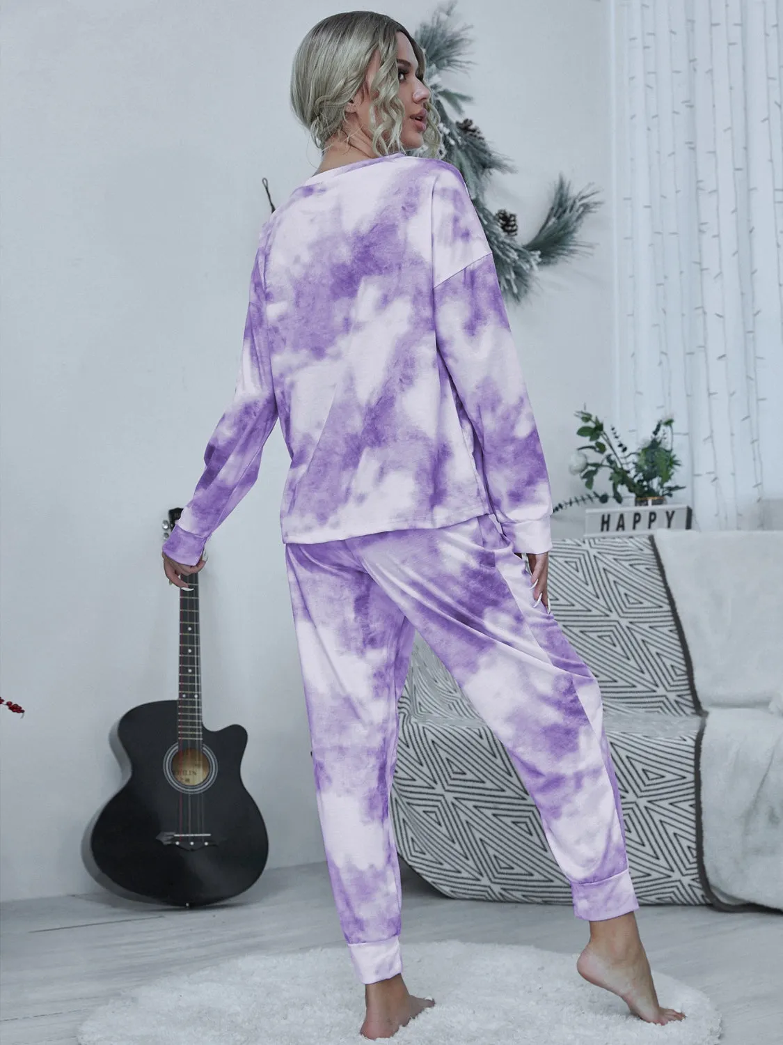 Shiny Tie-dye Round Neck Top and Drawstring Pants Lounge Set