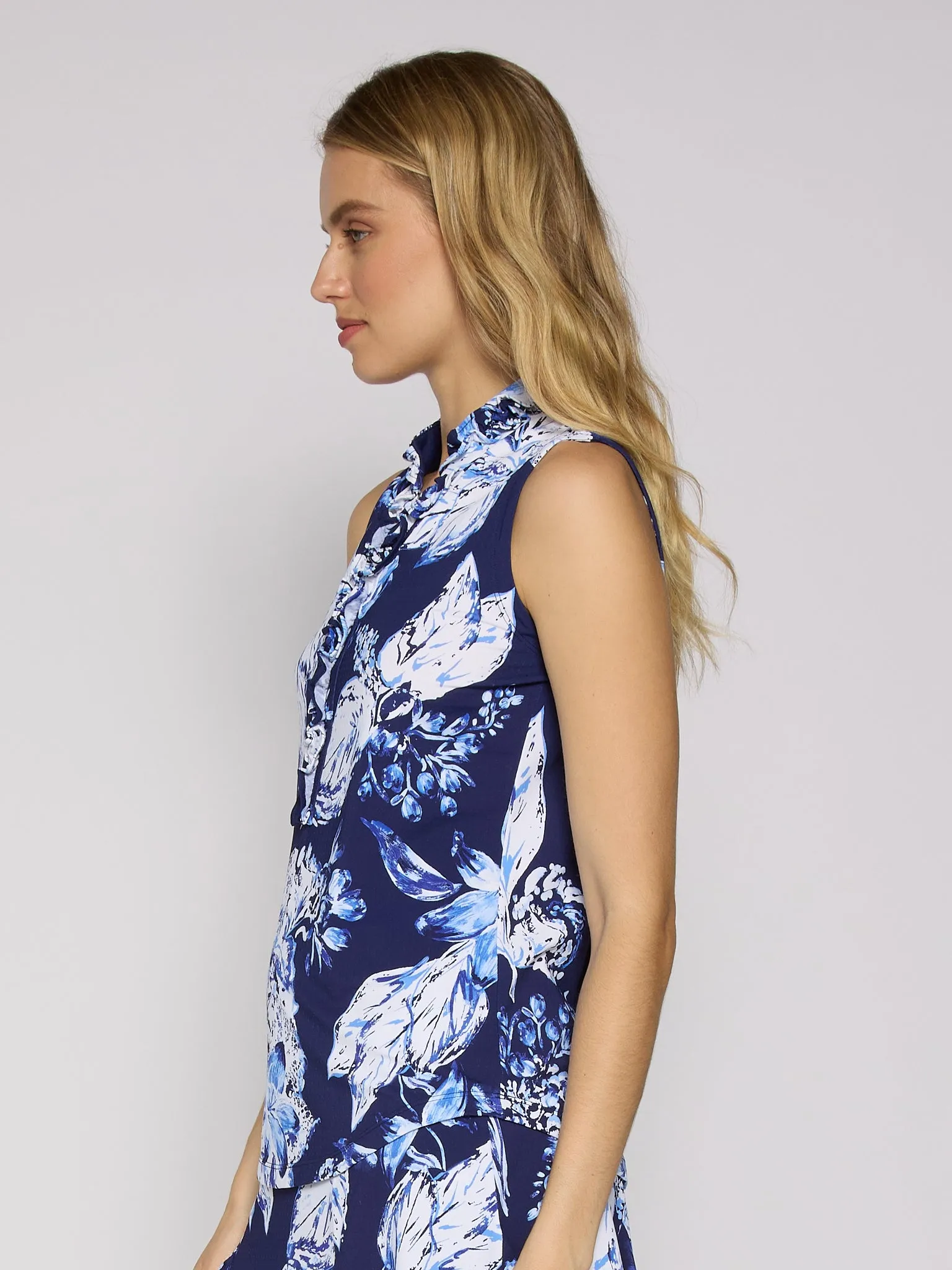 Sleeveless Ruffle Top In Blue Lily