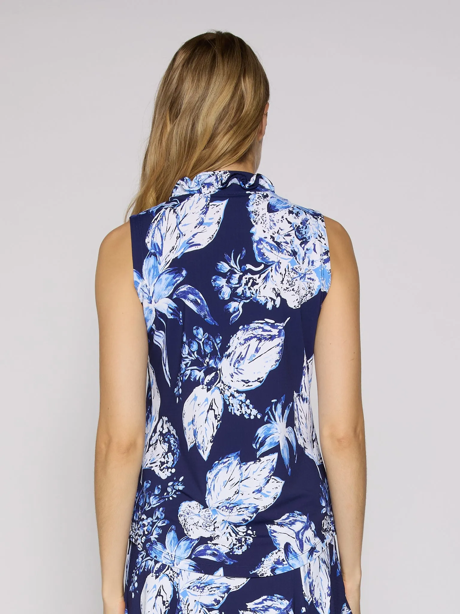 Sleeveless Ruffle Top In Blue Lily